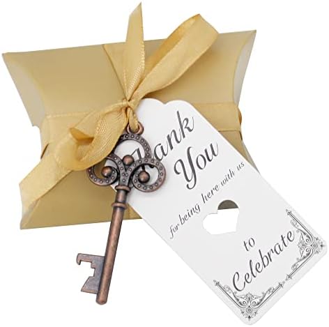 Aokbean 50pcs Vintage Skeleton Key Bottle Openers Wedding Favor Souvenir Gift Set Pillow Candy Box Escort Gift Card Thank You Tag French Ribbon ( Copper)