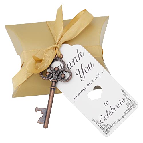 Aokbean 50Pcs Vintage Skeleton Key Bottle Openers Wedding Favor Souvenir Gift Set Pillow Candy Box Escort Gift Card Thank You Tag French Ribbon ( Copper) #TOP8