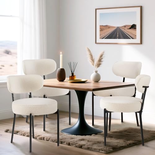 DUMOS Dining Chairs Set of 2, Mid Century Modern Chair Round Upholstered Curved Backrest, Kitchen Vanity Living Room Chairs with Black Metal Legs,Light Beige