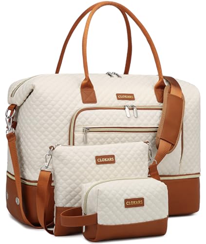 Weekender Bags for Women, Travel Duffle Bag Carry On Overnight Bag with Cosmetics Bag and Crossbody Purse for Gym Hospital, Gifts for Women, Beige Brown
