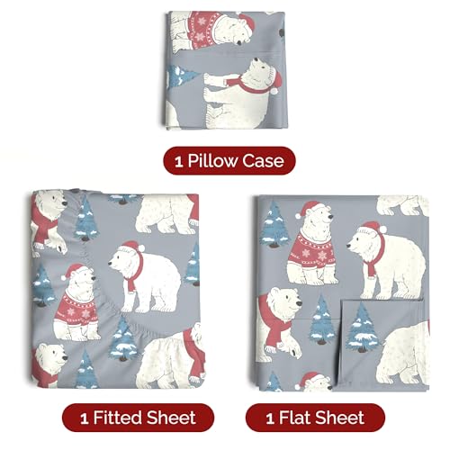 Twin XL Christmas Santa Bears Sheet Set - Holiday Xmas Pattern Bedding Set - Deep Pockets - Snug Fit - 3 Piece - Wrinkle Free - Cooling Comfy Festive Winter Holiday Sheets for Women, Men, Kids & Teens