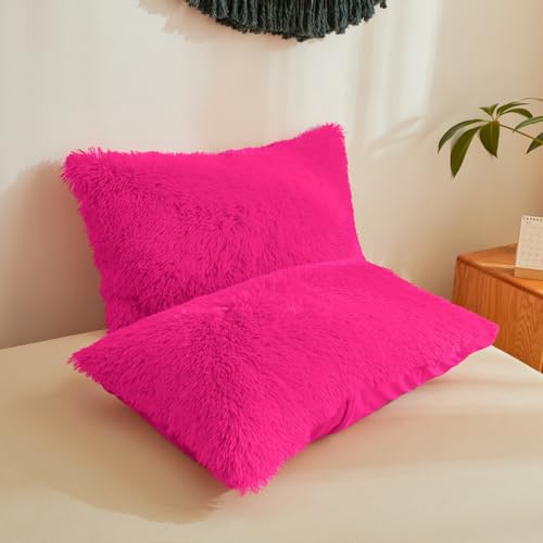Fluffy Faux Fur Hot Pink Comforter Cover Queen Set – Plush Fluffy Hot Pink Bedding 3-Piece Set (1 Duvet Cover + 2 Furry Pillow Shams) Cozy Bed Set