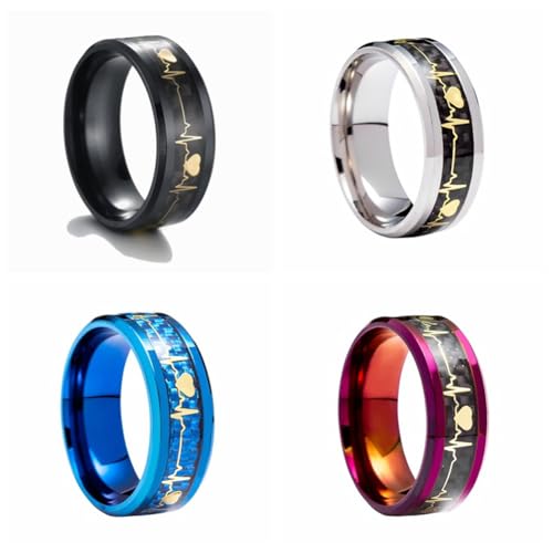 PAMTIER Women Stainless Steel Ring 8mm Heartbeat Wedding Band Fibre Carbone Hand in Hand Promise Cool Simple Ring2