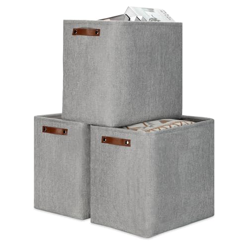 Image of DULLEMELO Large Storage Baskets for Blankets Living Room 51L Canvas Storage Baskets for Organizing 3 Pack Collapsible Baskets Bins for Organizing Home Office with Handles (Grey)