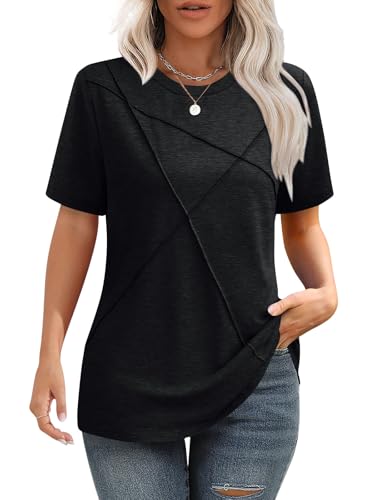 iudam Tshirt Damen Sommer Bluse mit Falten Elegant T-Shirt Rundhals Lockere Kurzarm Tunika Damen Oberteil Basic Tops,Schwarz,XL