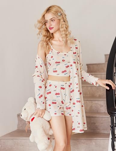 Image of Ekouaer Pajamas for Women Set 3 Piece Lounge Set Soft Pajama Sets Waffle Knit Tank Top and Shorts Cardigan with Pockets S-XXL