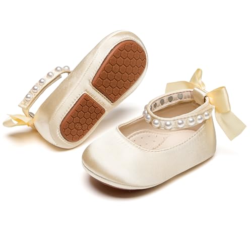 PHIRAMIN Baby Girls Satin Gold Mary Jane Flats - Infant 6-9 Months Walking Shoes Soft Rubber Sole...
