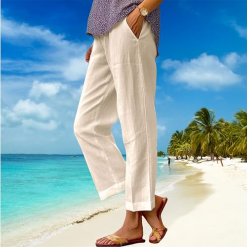 Cropped Linen Pants Women, Soft Breathable Linen Pants, Straight Leg Loose Fit for Work Travel Beach3