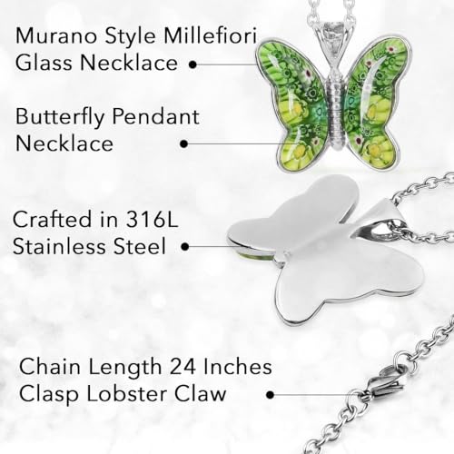 SHOP LC DELIVERING JOY Green Dainty Butterfly Necklace for Women Murano Style Millefiori Glass Cute Aesthetic Beach Jewelry Friendship Women for Friend Mom 24" Birthday Christmas Gifts - Image 3