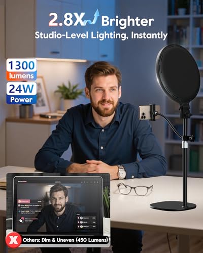 Image of 1300 Lumens Ring Light with Stand for Desk, Computer & Laptop - Podcast & Streaming Light with Flexible Phone Holder, CRI 98+ Bright Yet Soft Influencer Light for Video Recording, Conference & Calls