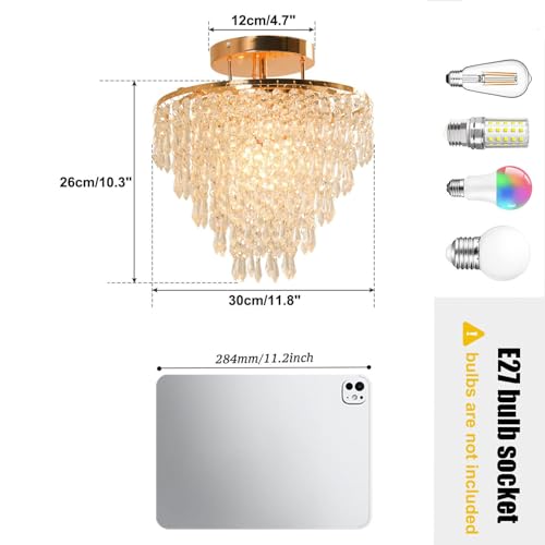 FRIXCHUR 11.8 Zoll Kristall Kronleuchter Flush Mount Decken Kronleuchter für Flur Küche Schlafzimmer, Gold