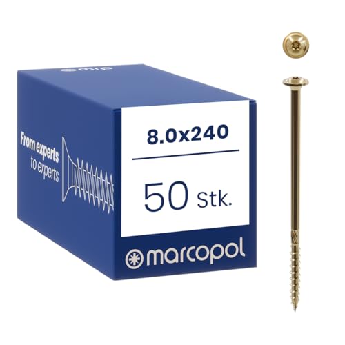 Marcopol Holzbauschrauben mit Tellerkopf 8 x 240 mm 50 Stück TX40 Gelb Verzinkt - Tellerkopfschrauben mit Torx Antrieb - Schrauben mit Frässpitze Schneidkerben Aufbohrfräse und Wachsbeschichtung