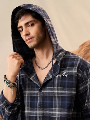Image of The Souled Store Hooded Shirt: Seaside Men and Boys Long Sleeve Hooded Navy Plaid Lightweight Easy to Style Everyday Office Wear Cotton Relaxed Shirt