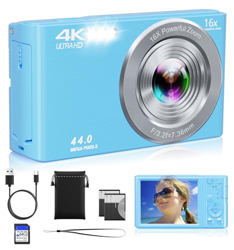 Digital Camera, FHD 4K 44MP Compact Point and Shoot Cameras with 64GB SD Card 2 Batteries, 16X Autofocus Digital Zoom Small Camera for Teens Kids Boys Girls (Blue)