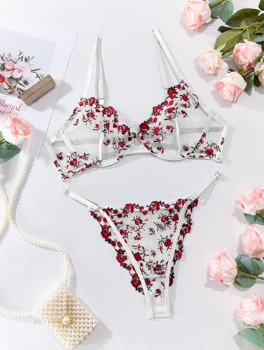 Image of Lilosy Sexy Floral Embroidered Mesh Sheer Underwire Lingerie Set