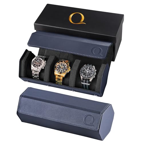 QWATCHBANDS Napa Leather Watch Rolls for Men - Hexagon Triple Watch Roll Travel Case for 3 Watches -...