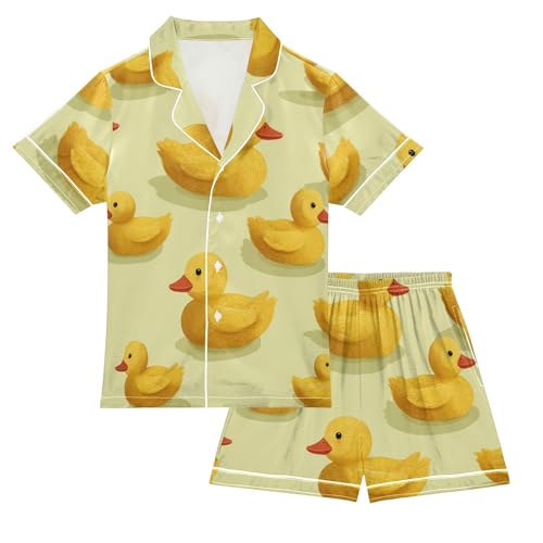 Satin Pajama Sets Short Sleeve Yellow Rubber Ducks Pattern Button Down Silky Nightwear 2 Piece PJS 5-14Y