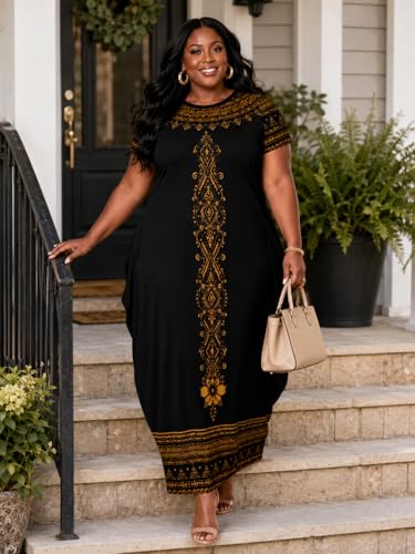 Image of Plus Size Maxi Dress for Women Short Sleeve V Neck Casual Loose Sundress with Pockets