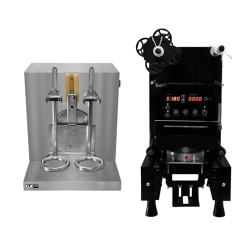 Automatic Cup Sealing Machine 500W & Bubble Tea Shaker Double Frame 400 r/min 350-700ml Digital Timer 6-120 Seconds FREE Film Roll 500-650 Cups Hour Plastic Paper 90/ 95mm Diameter Stainless Steel
