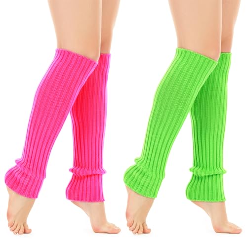 2 Paar Beinstulpen Bunt Neon Stulpen Neon Strümpfe Damen Leg Warmer Rosarot Beinwärmer Fluoreszierendes Grün für 80er 90er Jahre Kostüme Zu Motto Partys Fasching Karneval Oder Zum Tanzen Einheitsgröße