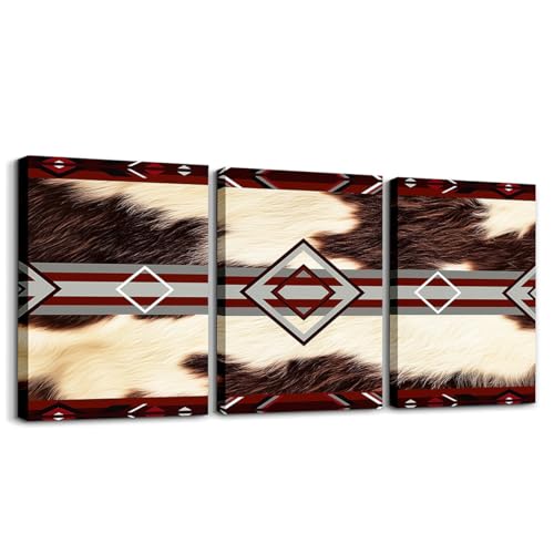 Cowhide Canvas Wall Art for Living Room Bedroom Western Farm Animal Skin Painting Decor Cow Fur Print Kids Boys Girls Picture Artwork Farmhouse Posters Prints Beige Grey Red 12'x16'x 3Pcs