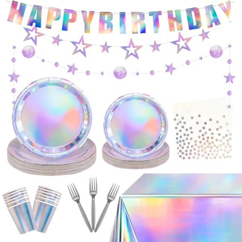 Iridescent Party decorations Kpop Birthday Decorations Holographic Party Supplies Iridescent Plates Cups Napkins Tablecloth Birthday Banner Star Garland Streamer Disco Kpop Party Serve 24