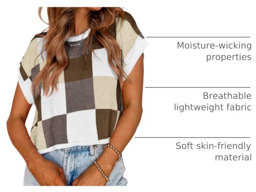 Image of Saodimallsu Womens Cap Sleeve Crop Tops Summer Color Block Going Out Crew Neck Knit Trendy Casual Sweater