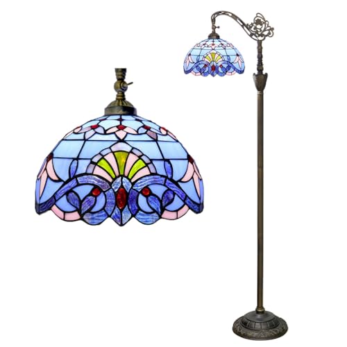 Fiunkes Blue Baroque Floor Lamp, Tiffany Style Green Pink Stained Glass Red Crystal Beads Arched Floor Lamp, Gooseneck Adjustable Corner Standing Reading Light for Bedroom Living Room