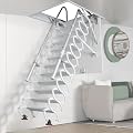 12 Steps Ceiling Mounted Attic Ladder, Retractable Pull Down System Attic Stairs, Telescopic Loft Stairs with Pull Rod, Ceiling Folding Loft Ladder with Handrail for Basement (White, Steps 12)