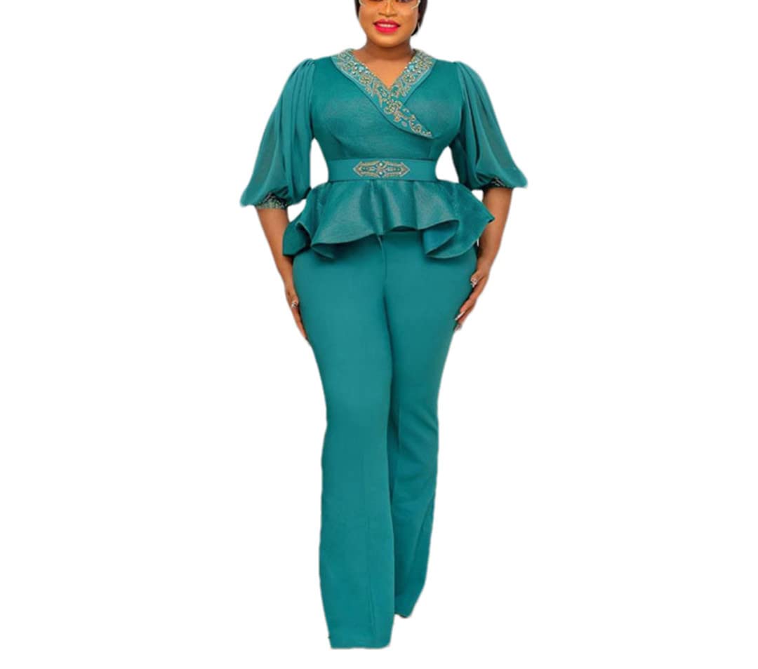 Grandi Dimensioni Donne Due Pezzi Corrispondenza Set Tinta Unita Volant Top Giallo Pantaloni Vestito Africano Primavera Femme