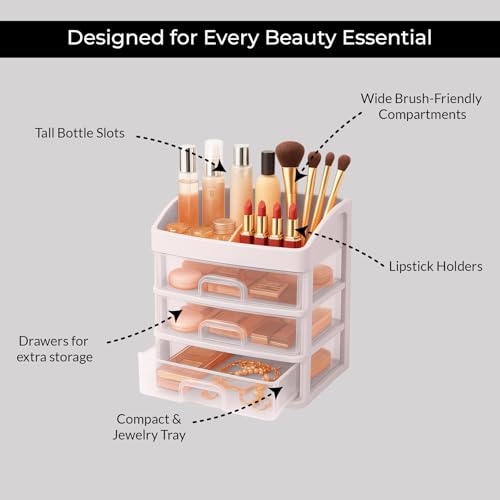 Image of ALOXE Makeup Organisers & Storage Box | Space Saving Makeup Organizer Stand for Dressing Table & Skincare Storage (3-Tier White)
