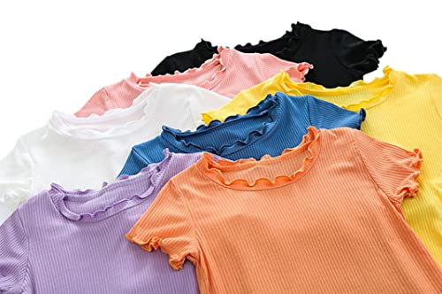 Hdlexd Toddler Baby Girls Summer Lettuce Trim Ribbed Knit Short Sleeve T-Shirts Solid Color Casual Blouse Tops White 3T #TOP2