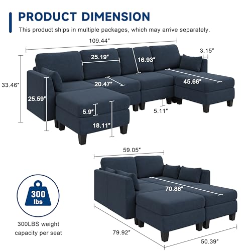 Modular Sectional Sofa, 6 Seat Comfy Modular Sofa Couch with High Density Memory Foam, Convertible U Shaped Sofa Couch for Living Room, Modern U Shaped Sectional Sofa Blue