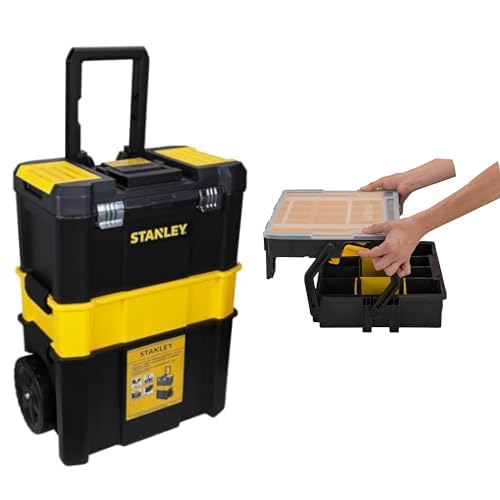 Stanley Stst1-80151 Servante Porte Outils 3 En 1 - Boite À Outils Détachable 45 Cm - Poignée Télescopique - Roues 18Cm & STST1-75540 Boîte à...