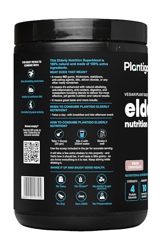 Image of Plantigo Superior 51+ Plant Protein Powder for Seniors | Elders, Old Men & Women | No Sugar, Low Calories | Pea Protein, Oats | Heart Health & Muscle Recovery, Protein (Swiss Chocolate - 500g)