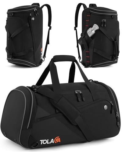 Tolaccea Sporttasche Herren und Damen 47L – Schuhfach & Nassfach, Rucksack‑Duffel Trainingstasche für Fitness, Gym, Schwimmen, Reisen(Schwarz)