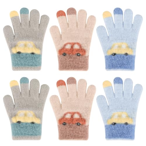 QKURT 3 Pares de Guantes mágicos para niños con Estampado de Coche, Guantes de Punto cálidos para niños, Mitones de Invierno con Dedos completos para Clima frío para Calidez Diaria, de 2 a 5 años
