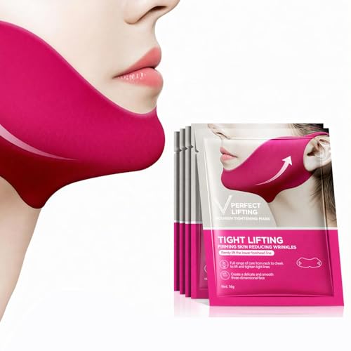 V Line Lifting Collagen Gel Mask, 5 Pcs Double Chin Reducer Firming Neck Lift Tape, Slimming Firming Moisturizing Chin Strap & Neck Lifting Mask, Cooling and Depuffing Face Toning Belt for Tightening