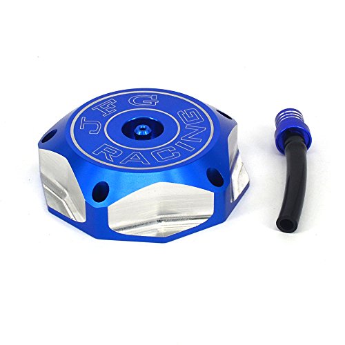 Image of JFG RACING Dirt Bike Billet Gas Fuel Tank Cap with Vent Hose for YZ85 YZ125 YZ250 04-23 /YZ250F YZ450F 04-13 /YZ125X 17-23 /YZ250X 16-23 /WR250F 03-09 11-13 /WR450F 03-09 11-15 /RMZ250 /RMZ450-Blue