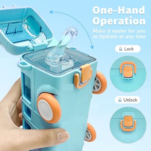 Image of Zollyss Kids Water Bottle with Straw, Cartoon Bus Design, 500ml Capacity, One-Button Press Lock (Green)
