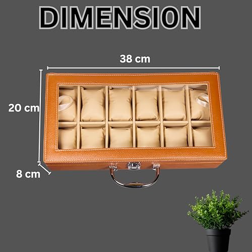 Image of ZAFCO PU Leather Watch Box Organizer with Acrylic Top, Lock & Handle - Luxury Watch Storage Case with Soft Cushions for Men & Women - Large Display Watch Holder -Tan 12 Slot