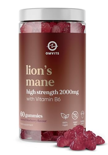 Lions Mane Vitamin B6 Gummies 2000mg - Sugar Free 60 Gummies - High Strength Lions Mane Extract No Filler Fruiting Body Only Vegan Supplement Supports Focus Memory & Mental Clarity Blueberry