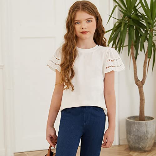 Image of blibean Girls Summer Short Sleeve Shirts Cotton Tops Size 4-15 Years Old | Kids Fashion Causal Solid Color Tee, Cute Ruffle Crewneck Basic Blouse, Flowy Clothes for Tween Teen Girl, Soft Breathable