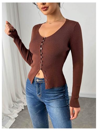 Women's Ribbed Knit Button Front Lightweight Cardigans V Neck Long Sleeve Fitted Sweater Fall Clothes4