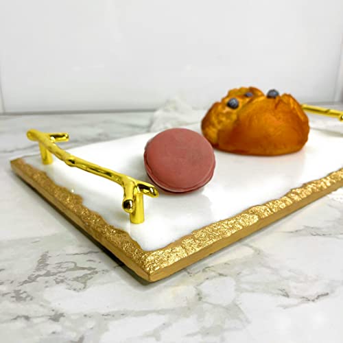 Luxury Marble Tray With Stylish Metal Handles, Vanity Tray For Jewelry Display, Marble Serving Tray, Marble Tray For Kitchen, Counter, Dresser, Nightstand And Desk (White With Gold Edges And Handles) #TOP2