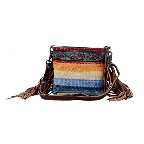 Myra Bag Etched Rainbow Hand-Tooled Bag Upcycled Cotton & Leather S-30772
