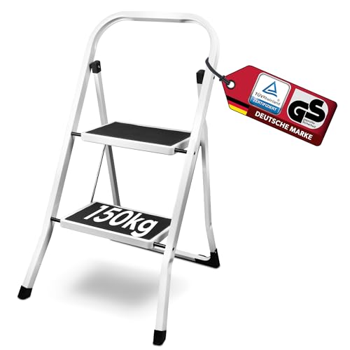 siwitec Trittleiter, Faltbare Leiter mit 2 Stufen, Klapptritt aus Stahl bis 150 kg belastbar, Tritthocker klappbar, TÜV/GS Zertifiziert, Weiss