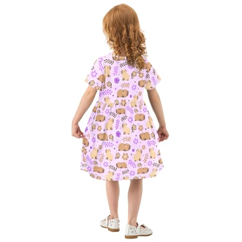 Cute Capybara Purple Flowers Summer Girls Short Sleeve Dress Casual Dresses Beach Sundress for 2-8 Years3