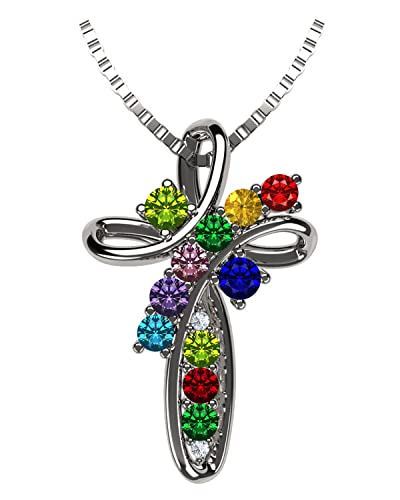 Central Diamond Center Family Cross Birthstone Mothers Necklace w/ 1 to 11 Simulated Birthstones in Solid 925 Sterling Silver