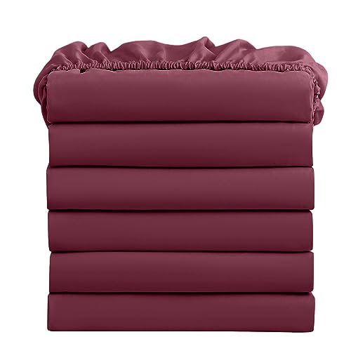 FreshCulture Full Fitted Sheets, Bulk Pack of 6, Deep Pocket, Soft Microfiber Bottom Sheets for Home, Salons, Hotels, Full Size Fitted Sheets Only (Burgundy)
